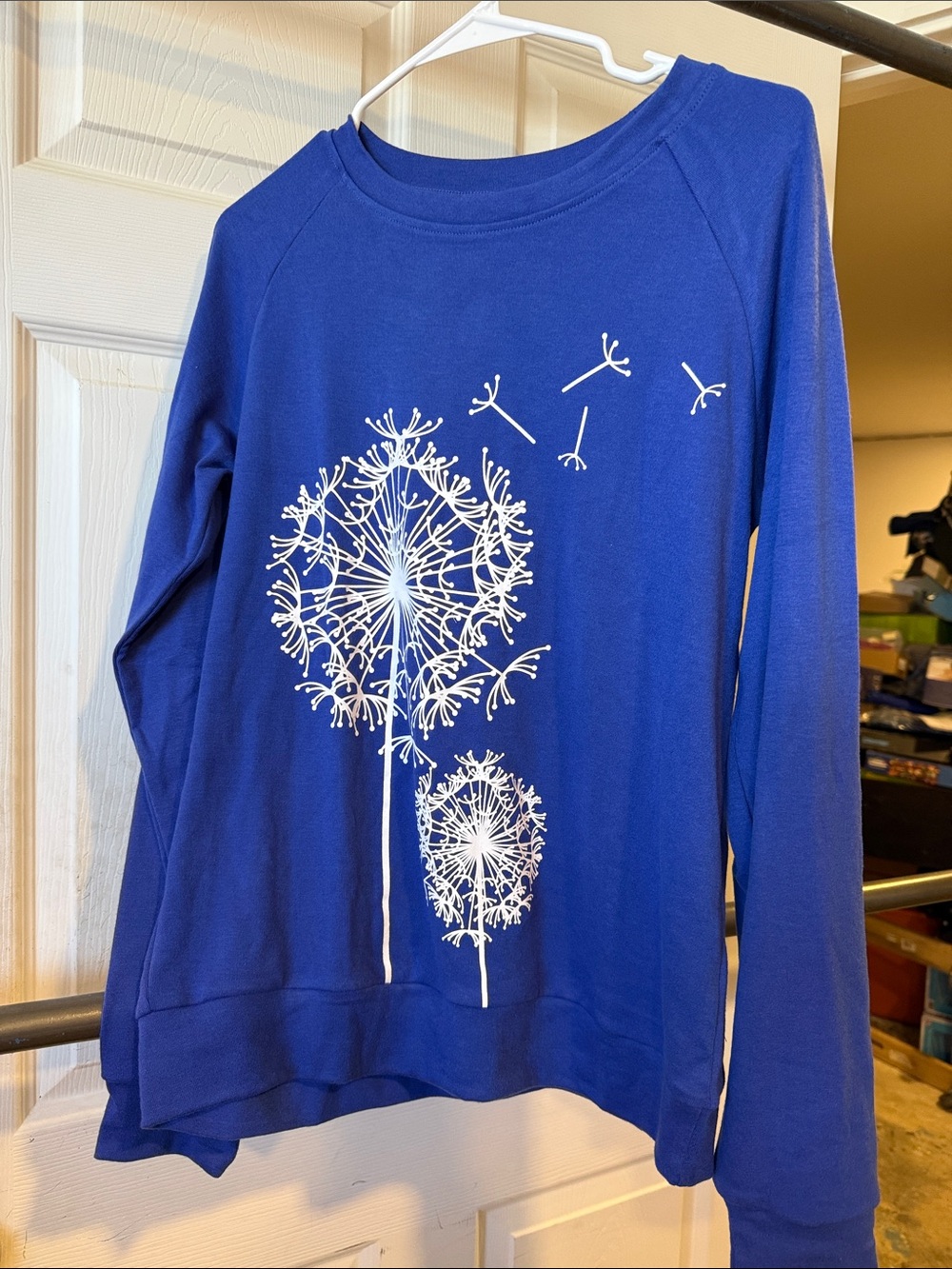 Amazon Women's Royal Blue Crewneck Sweatshirt with White Dandelion Print